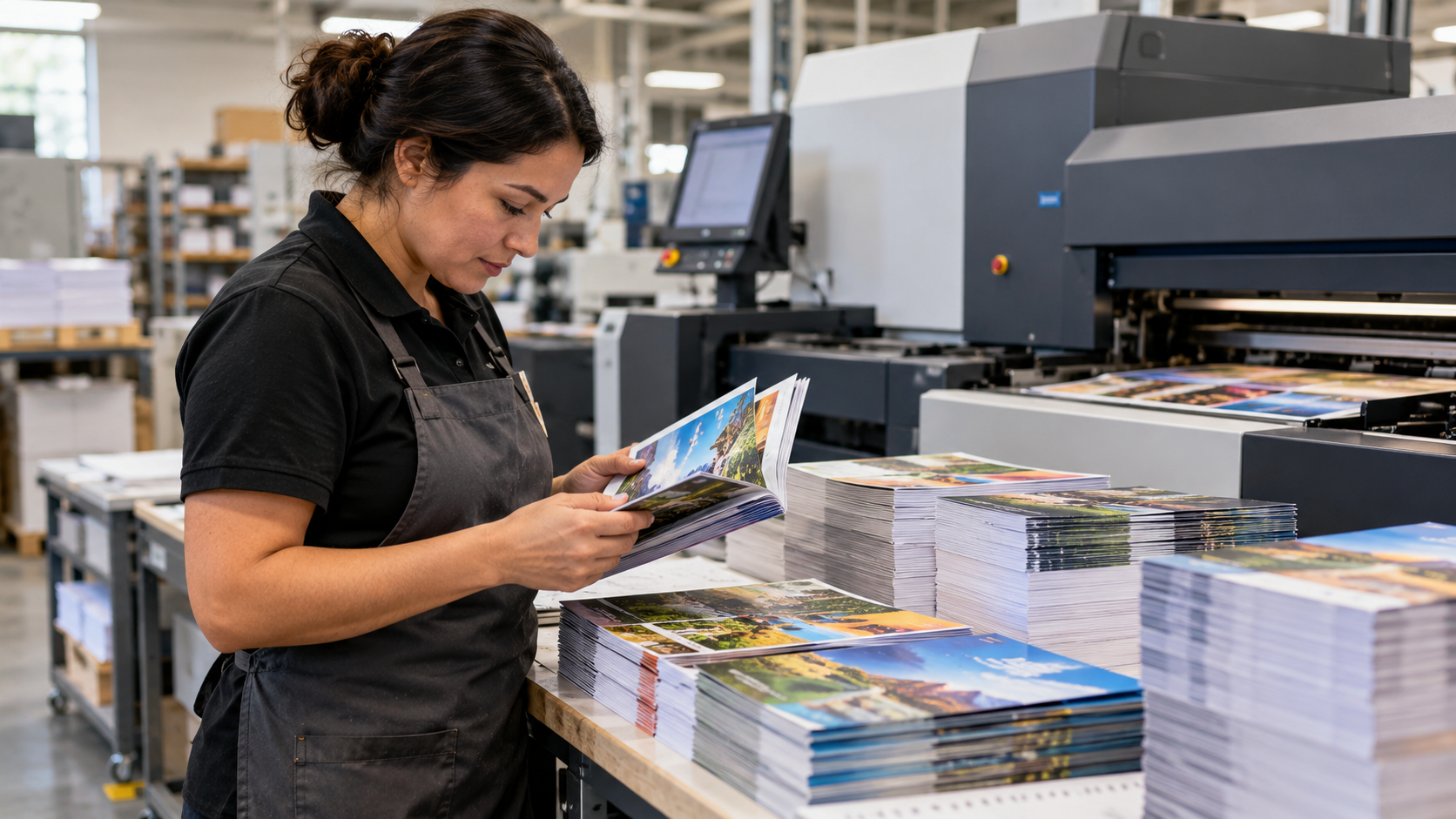 Checking colorful brochures at the press (illustrative image)